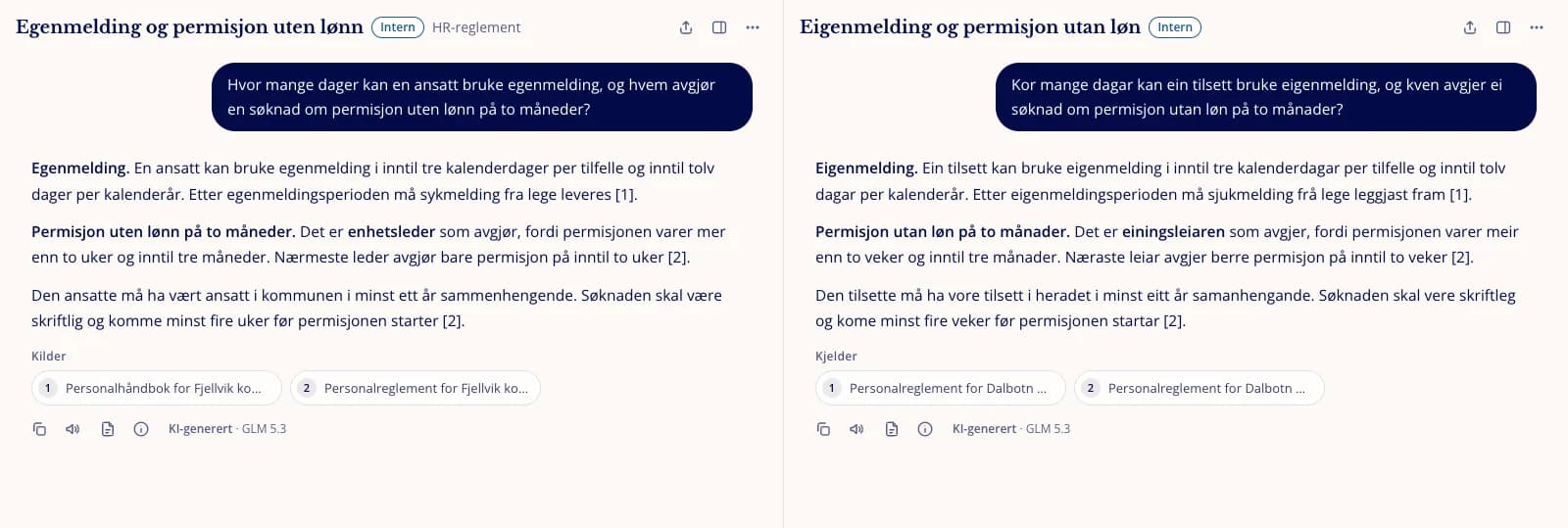 Skjermbilde fra Målfrid: samme spørsmål og svar på bokmål (Fjellvik kommune) og nynorsk (Dalbotn herad), side om side.