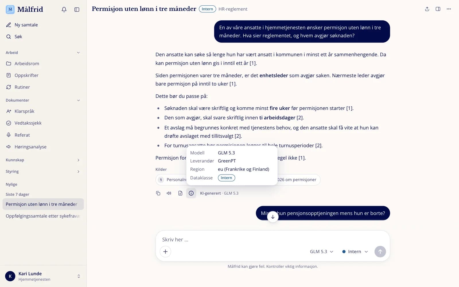 Skjermbilde fra Målfrid: detaljer for et svar med modell, leverandør, region og dataklasse.