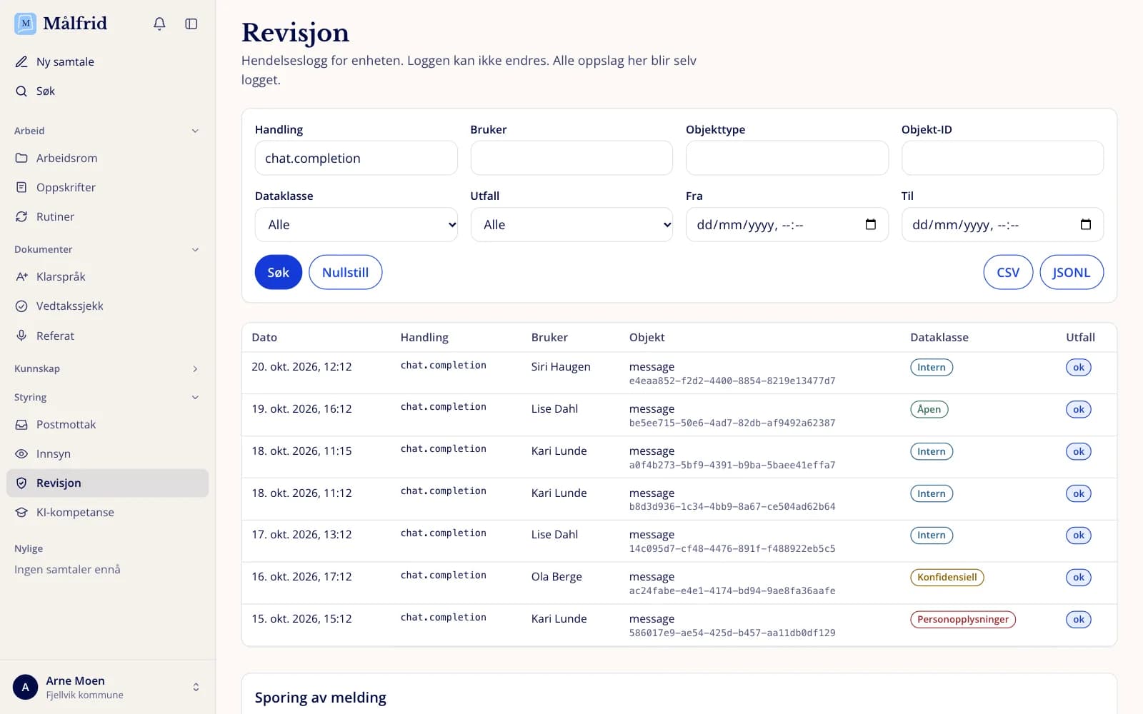 Skjermbilde fra Målfrid: revisjonsloggen med tidspunkt, hvem som spurte, handling, dataklasse og utfall for hver samtale.